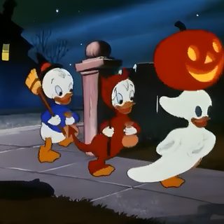 two cartoon characters dressed as mickey mouse and donald duck, one holding a jack - o - lantern Happy Halloween Gif Halloween Cartoon Movie Characters, Fall Gif, Old Halloween Cartoon Movie, dark slate gray
