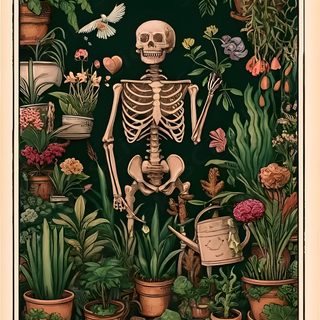 a skeleton surrounded by plants and potted plants in front of a green background with the words, the plant lover Halloween Plant Witchy, Tarot Cards Art, Renter Friendly, Skeleton Art, Vintage Diy, dark olive green