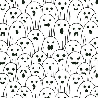 a large group of black and white faces White Halloween Spooky Ghost Pattern, Cute Little Ghosts Pattern, Ghost Pattern Drawing,