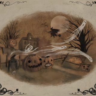 an old fashioned halloween scene with pumpkins and bats Vintage Halloween Vintage Halloween Art, Halloween Artwork, Over The Garden Wall, Spooky Scary, dim gray
