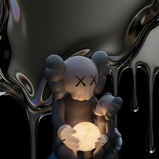 an image of two people sitting on the ground next to a light that looks like dripping paint Halloween Kaws black