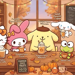 hello kitty and friends are sitting at a table with pumpkins on the table in front of them Halloween Sanrio Desktop peru