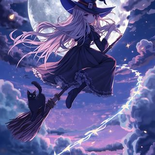 a witch flying through the air on top of a broom Anime Halloween dark slate blue