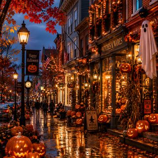 a city street filled with lots of pumpkins Halloween Town Aesthetic maroon