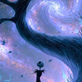 a painting of a person standing in front of a tree with swirls and stars Halloween The Nightmare Before Christmas Iphone Halloween Aesthetic Cartoon, Nightmare Before Christmas Background, Whimsical Goth, steel blue