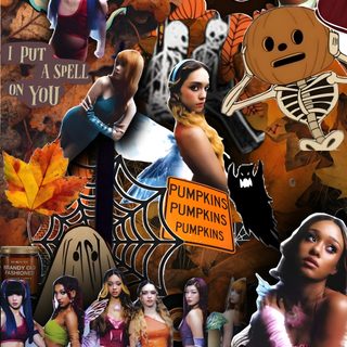 a collage of halloween images and pictures Katseye Halloween Halloween Kali 2, Sza Halloween, Katseye Halloween Background, saddle brown