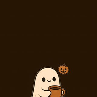 a ghost holding a cup of coffee with a pumpkin on it's back ground Halloween Tan And Black Halloween,