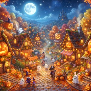a painting of a halloween village with pumpkins and jack - o'- lanterns Halloween Village For Pc Dark Gothic, Halloween, Halloween Season, Autumn Cozy, Haunted House, saddle brown