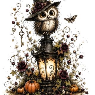 an owl sitting on top of a lamp post surrounded by leaves and flowers with a butterfly flying overhead Halloween Owl snow