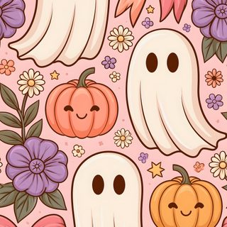 halloween seamless background with ghost, pumpkins and flowers on light pink color scheme Cute Halloween For Car Seat peach puff
