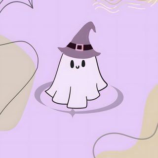 a cartoon ghost floating in the water with a spider web on it's side Boho Halloween On Light Purple Halloween Cute Ghost, Cute Halloween Purple Ghost, Ghost Aesthetic Cute, lavender