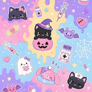 an assortment of stickers on a purple and blue background with stars, bats, hearts, and more Halloween Pastel Scary Kawaii Halloween, Spooky Cute, Cute Iphone Tumblr, Kawaii, Halloween, light steel blue