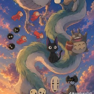 an image of a dragon and other animals in the sky Ghibli Halloween dim gray