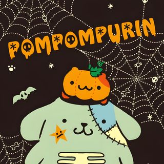 a halloween card with an image of a cat holding a pumpkin on it's back Pom Pom Purin Halloween Pompompurin Halloween Background, Pompompurin Fall, Pompompurin Halloween, black