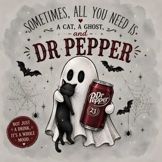 a black and white cat sitting next to a can of dr pepper with a ghost on it Dr Pepper Halloween Stuffed Peppers, dark gray