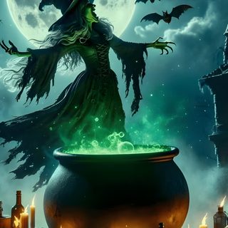 a witch standing on top of a caulder filled with green liquid surrounded by pumpkins Halloween Witch Cauldron Witch Cauldron Hd, Witches And Cauldron, Witch Cauldron 4k, dark slate gray
