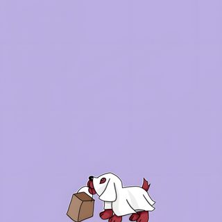 a white dog carrying a brown box in its paws on a purple background with the words, Clifford Halloween Clifford The Big Red Dog, Clifford Background, Clifford Halloween, light steel blue