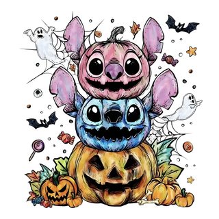 a drawing of three pumpkins with faces on them Cute Stitch And Angel Halloween white