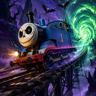 a train with a skeleton face on it is going over a bridge in the night Halloween Train midnight blue