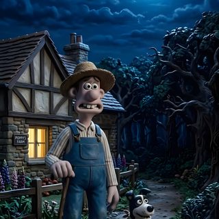a man in overalls and hat standing next to a dog on a dirt road Wallace And Gromit Halloween Hd dark slate gray