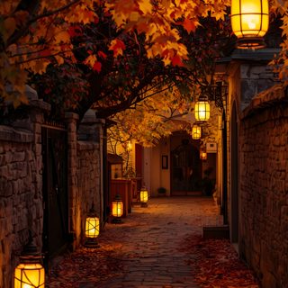 an alley way with lanterns and leaves on the ground Halloween Nature Aesthetic, Autumn Magic, Beautiful Images Nature, Autumn Lights, Fantasy Images, maroon