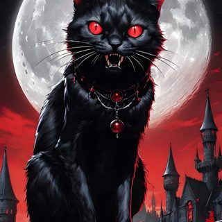a black cat with red eyes sitting on a fence in front of a full moon Halloween Fiery Felines-black Custom Scary Cat, Vampire Cat, Vampire Black Cat, Evil Cat, Dark Evil Cat,