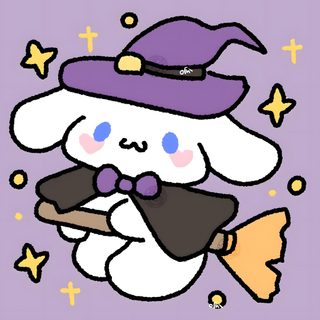 a drawing of a rabbit holding a broom and wearing a purple hat with stars around it Cinnamoroll Halloween Ipad Halloween, Cute Doodles Drawings, Halloween Icons, Hello Kitty Halloween, silver