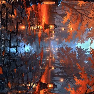 an image of a city street at night with trees and lights reflecting in the water Autumn Halloween 4k Background For Windows 10 Aesthetic, Autumn Pc, Fall Pc, dark slate gray