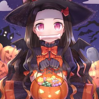 a girl in a witches costume holding a pumpkin Nezuko Kamado Halloween Demon Slayer Halloween, Halloween Demon Slayer, Nezuko Pumpkin, dark slate gray