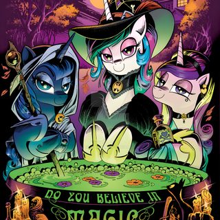 an image of some cartoon characters at a table with pumpkins and witches in the background My Little Pony Halloween Nightmare Night, Celestia And Luna, Mlp Comics, Children's Comics, dark slate gray
