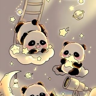 a panda bear sitting on top of a cloud with stars and moon in the sky Cute Halloween Panda Cute Pandas In Starry Night Sky, Cute Phone Inspiration, Kawaii Panda Illustration, rosy brown