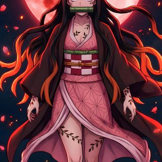 a woman with long hair and demon makeup standing in front of a red full moon Nezuko Kamado Halloween Nezuko In Full Demon Form, Image Of Nezuko, Nezuko Demon Mode, dark slate gray