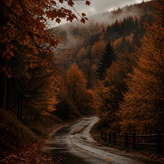 an empty road surrounded by trees with fall leaves on the ground and fog in the air Autumn Aesthetic Autumn Halloween black