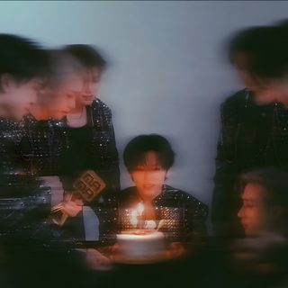 blurry photograph of four people around a cake with lit candles Stray Kids Halloween Laptop Kpop Spotify Cover, Straykids Core, dark slate gray