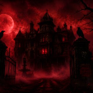 an image of a creepy castle with red lights in the dark night sky and two crows perched on gates Halloween Creepy House Creepy Halloween Desktop, Dark Movie Background, Halloween Desktop, black