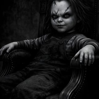 a creepy looking doll sitting in a chair Halloween Chucky Scary Chucky, Chucky Black And White, Chucky Scary, Princess Dolls,