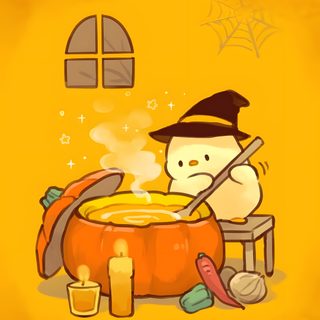 a cartoon character sitting in front of a bowl of soup Cute Halloween Duck Duck, Images Kawaii, Aquarelle Et Encre, Cute Animal Drawings Kawaii, orange
