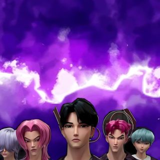 some anime characters standing in front of purple clouds Saja Boys Halloween Demon Hunter, indigo