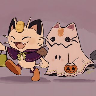 two cartoon cats with pumpkins on their heads and one cat wearing a costume, the other as a ghost Pokemon Halloween Computer Togepi Halloween, Halloween Pokemon, Pokemon Halloween, rosy brown
