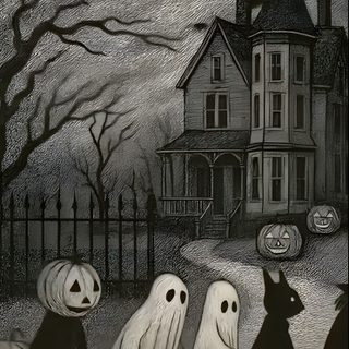 three children in halloween costumes are walking down the street with ghost bags and pumpkins Old School Halloween Halloween Aesthetic Vintage, Early Halloween, Halloween Images Backgrounds, dark olive green