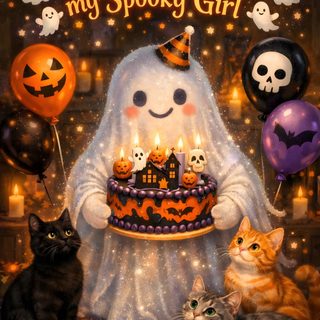 a happy birthday card for a spooky girl with two cats and a ghost Halloween Birthday Birthday Greetings, Birthday Wishes, Happy Birthday, Halloween, Birthday, saddle brown