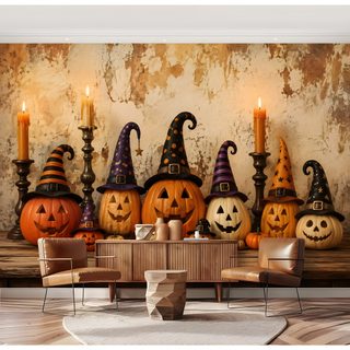 a group of pumpkins sitting on top of a table in front of a wall Halloween Pumpkin For Walls peru