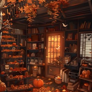 a room filled with lots of books and pumpkins on the floor next to a tree Halloween Library Autumn Phone, Autumn Phone Background, Fall Aesthetic Art, saddle brown