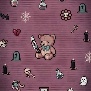 a teddy bear holding a knife surrounded by skulls and other items on a purple background Creepy Cute Halloween Lock Screen, Cute Emo, Tumblr, Emo, Pastel Goth, Horror Cute, dim gray