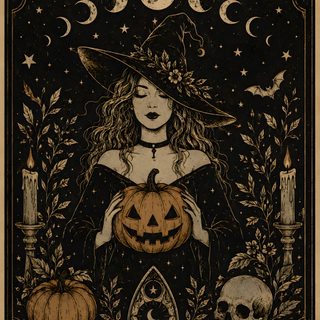 a poster with a witch holding a pumpkin Pagan Halloween black