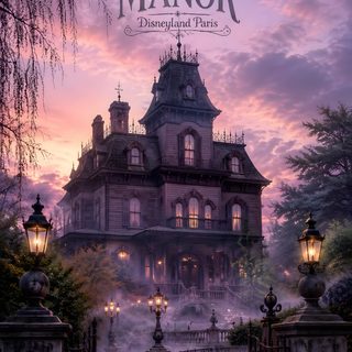 the mansion manor is shown in this beautiful poster for disneyland's halloween movie series Haunted Mansion Halloween Homemade Halloween Decorations, The Haunted Mansion, Phantom Manor, dim gray