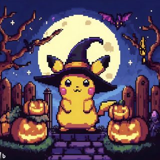 a pikachu dressed up in a witches hat with pumpkins on the ground Halloween Pokemon dark slate gray