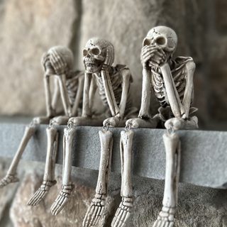 three skeleton figurines sitting on top of a stone wall next to each other Halloween 3 Skeleton 3, For 4 Best Friends, 4 Skeletons, 3 Skeletons, Skeleton Decor Halloween, gray