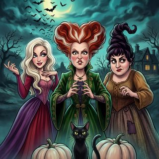 three witches standing next to each other in front of a full moon Hocus Pocus Halloween Hocus Pocus Cartoon, Hocus Pocus Art, Hocus Pocus Drawing, dark slate gray
