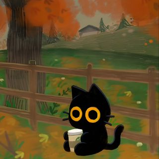 a black cat sitting on top of a grass covered field next to a fence and tree Cute Cat Halloween Cartoon Fall Cartoon Art, Black Cat Fall Theme, Cute Fall Cat Art, dark olive green